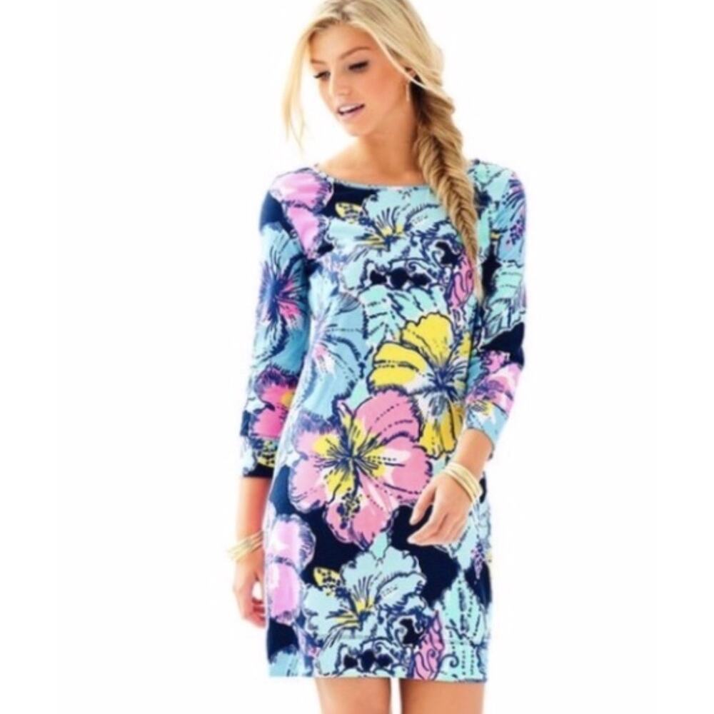 Lilly Pulitzer Marlowe Big Flirt Hibiscus XS Cotton 3/4 Sleeve Dress Resortwear‎
